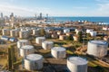 Aerial view of oil and gas terminal with steel storage tanks of oil and LPG petrochemical. Oil tank farm for gas, diesel Royalty Free Stock Photo