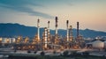 Aerial view, Oil refinery with a background of mountains and sky.The factory is located in the middle of nature and no emissions, Royalty Free Stock Photo