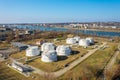 Aerial view about oil silos at Budapest freeport next to Danube river. Royalty Free Stock Photo