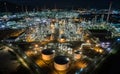Aerial view oil storage tank with oil refinery factory industrial. Oil refinery plant at night. industry factory concept and Royalty Free Stock Photo