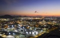 Aerial view oil storage tank with oil refinery factory industrial. Oil refinery plant at night. industry factory concept and Royalty Free Stock Photo