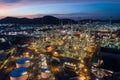 Aerial view oil storage tank with oil refinery factory industrial. Oil refinery plant at night. industry factory concept and Royalty Free Stock Photo