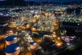 Aerial view oil storage tank with oil refinery factory industrial. Oil refinery plant at night. industry factory concept and Royalty Free Stock Photo