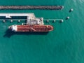 Aerial view of an oil tanker at jetty.