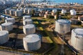 Aerial view of oil tanks at oil refinery. Gas and oil steel storage containers. Tank farm storage chemical petroleum Royalty Free Stock Photo