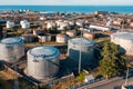 Aerial view of oil tanks at oil refinery. Gas and oil steel storage tanks. Petrol industrial plant