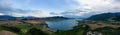 Aerial View of Okanagan Lake with farm lands and mountain landscape. Royalty Free Stock Photo