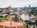 Aerial view old castle tower in Old Town and Vilnius city panorama background, capital city of Lithuania. Scenic landmarks and Royalty Free Stock Photo