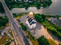 Aerial view of old church near river and bridge in small european city Royalty Free Stock Photo