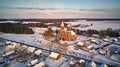 Aerial view of old church. Rural winter scene