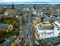 Aerial view of Old city and Greyfriars kirkyard in Edinburgh