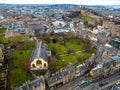 Aerial view of Old city and Greyfriars kirkyard in Edinburgh