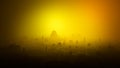 Aerial view of the old city of Jerusalem, sunrise in the fog. 3d render. Silhouette. Towers and religious monuments. Israel