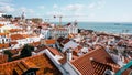 An aerial view of old city and seaside view of Lisbon city