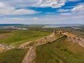 Aerial view of the old Enisala stronghold citadel standing on the hill in the sunset