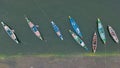 Aerial view of old fisherman boats in the river Krishna, Andhra Pradesh state India