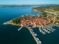 Aerial view of old fishing town Izola in Slovenia, cityscape with marina at sunset. Adriatic sea coast, peninsula of Istria Royalty Free Stock Photo