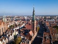 Aerial view of old historical town centre with typical colorful houses buildings, City Hall spire clock tower, Gdansk, Poland Royalty Free Stock Photo