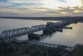 Aerial view of the Old Lyme Bridge spanning the Connecticut River at sunset. Royalty Free Stock Photo