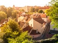 Aerial view of old medieval narrow cobbled street and small ancient houses of Novy Svet, Hradcany district, Prague