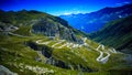 Aerial view of the old road called Tremola with many serpentines going through the St. Gotthard pass in the Swiss Alps