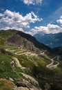 Aerial view of an old road going through the St. Gotthard pass in the Swiss Alps