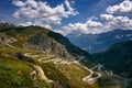 Aerial view of an old road going through the St. Gotthard pass in the Swiss Alps