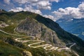 Aerial view of an old road going through the St. Gotthard pass in the Swiss Alps