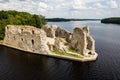 Aerial view of an old stone castle ruins in Koknese, Latvia. Located on a peninsula near the Daugava river and Perse river Royalty Free Stock Photo