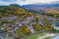 aerial view of old stone houses in the village Papingo of Zagorochoria in the autumn, Epirus, Western Greece