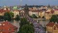 Aerial view of the Old Town architecture and Charles Bridge over Vltava river day to night timelapse in Praha Royalty Free Stock Photo