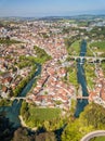 Aerial view of the old town Fribourg and the curvy Sarine river meander