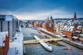 Aerial view of the old town in Gdansk city at winter dawn, Poland