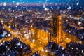 Aerial view of the old town in Gdansk with St. Mary Basilica at snowy night, Poland Royalty Free Stock Photo