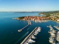 Aerial view of old town Izola in Slovenia, cityscape with marina at sunset. Adriatic sea coast, peninsula of Istria, Europe Royalty Free Stock Photo