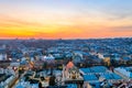 Aerial view of old town of Lviv in Ukraine at sunset. Lvov cityscape. View from tower of Lviv town hall Royalty Free Stock Photo