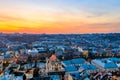 Aerial view of old town of Lviv in Ukraine at sunset. Lvov cityscape. View from tower of Lviv town hall Royalty Free Stock Photo