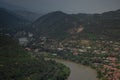 Aerial view on old town Mtskheta and confluence of the rivers Kura and Aragvi