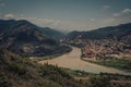 Aerial view on old town Mtskheta and confluence of the rivers Kura and Aragvi