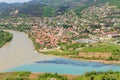 Aerial view on old town Mtskheta and confluence of the rivers Kura and Aragvi in Georgia