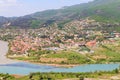 Aerial view on old town Mtskheta and confluence of rivers Kura and Aragvi in Georgia