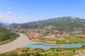 Aerial view on old town Mtskheta and confluence of rivers Kura and Aragvi in Georgia