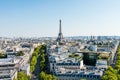 Aerial view of the old town of Paris, with the building of Eiffel tower, from the top of the Arc de Triomphe at the Champs-Elysees