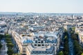 Aerial view of the old town of Paris, from the top of the Arc de Triomphe at the Champs-Elysees Avenue in Paris, France