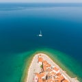 Aerial view of old town Piran, Slovenia, Europe. Summer vacations tourism concept background. Royalty Free Stock Photo