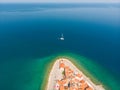 Aerial view of old town Piran, Slovenia, Europe. Summer vacations tourism concept background.