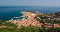 Aerial view of old town Piran, Slovenia, Europe. Summer vacations tourism concept background. Royalty Free Stock Photo