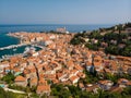 Aerial view of old town Piran, Slovenia, Europe. Summer vacations tourism concept background. Royalty Free Stock Photo