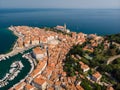 Aerial view of old town Piran, Slovenia, Europe. Summer vacations tourism concept background. Royalty Free Stock Photo