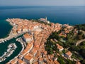 Aerial view of old town Piran, Slovenia, Europe. Summer vacations tourism concept background. Royalty Free Stock Photo